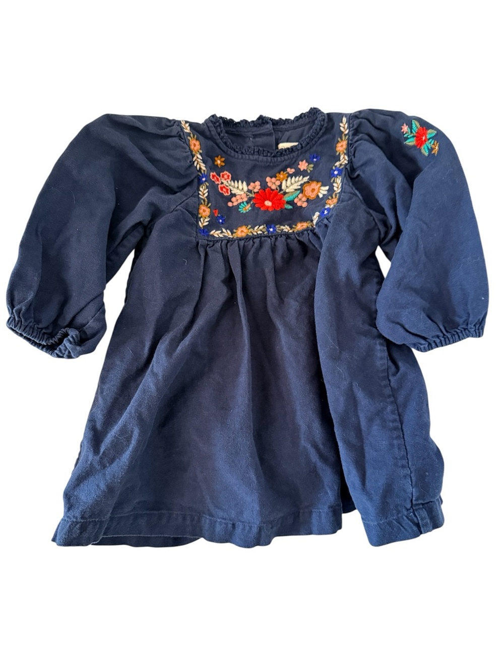 Petit Sezane Cotton Linen Navy Blue Long Sleeve Floral Embroidery Dress 18M